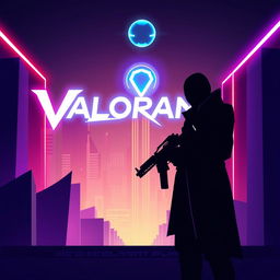 A minimalistic poster inspired by Valorant, featuring the silhouette of an agent holding a glowing weapon, positioned against a stunning futuristic cityscape marked by sharp architectural lines