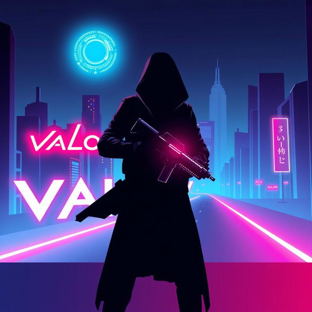 A minimalistic poster inspired by Valorant, featuring the silhouette of an agent holding a glowing weapon, positioned against a stunning futuristic cityscape marked by sharp architectural lines