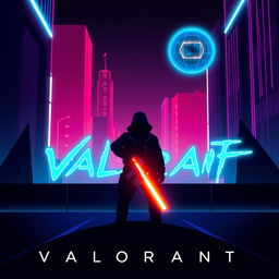A minimalistic poster inspired by Valorant, featuring the silhouette of an agent holding a glowing weapon, positioned against a stunning futuristic cityscape marked by sharp architectural lines
