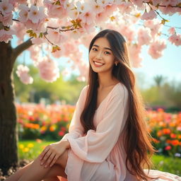 A beautiful and serene portrait of Khyati, a young woman with long flowing hair, sitting gracefully under a blooming cherry blossom tree