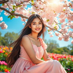 A beautiful and serene portrait of Khyati, a young woman with long flowing hair, sitting gracefully under a blooming cherry blossom tree