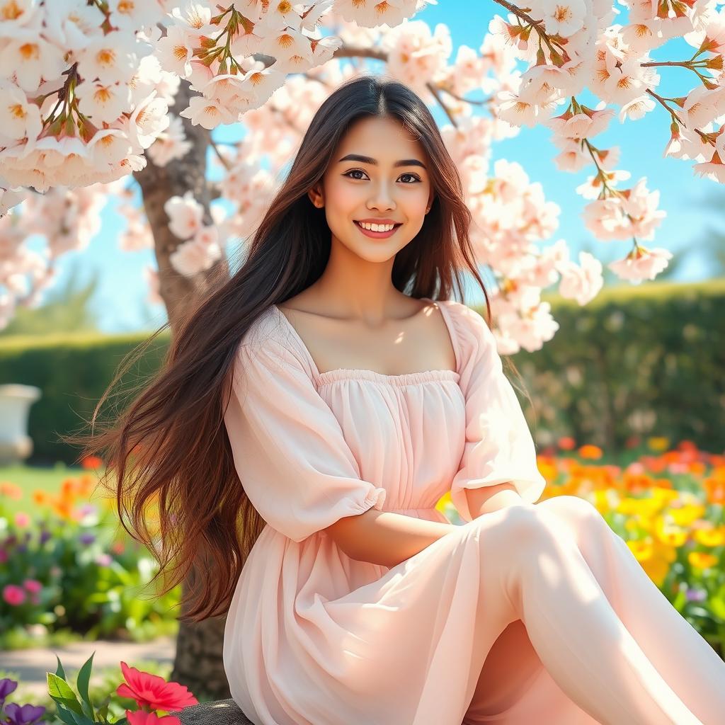 A beautiful and serene portrait of Khyati, a young woman with long flowing hair, sitting gracefully under a blooming cherry blossom tree