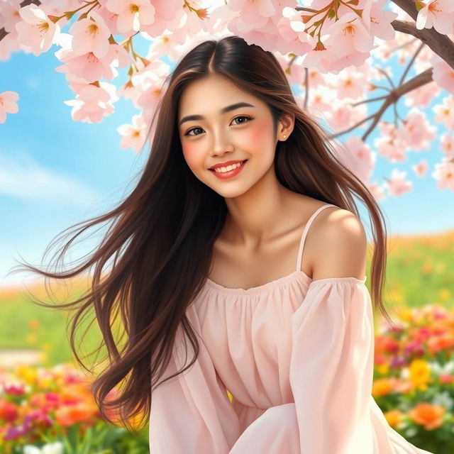 A beautiful and serene portrait of Khyati, a young woman with long flowing hair, sitting gracefully under a blooming cherry blossom tree