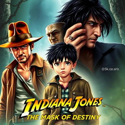 A dynamic movie poster for 'Indiana Jones and the Mask of Destiny', featuring Indiana Jones in his classic fedora and leather jacket, looking adventurous and ready for action
