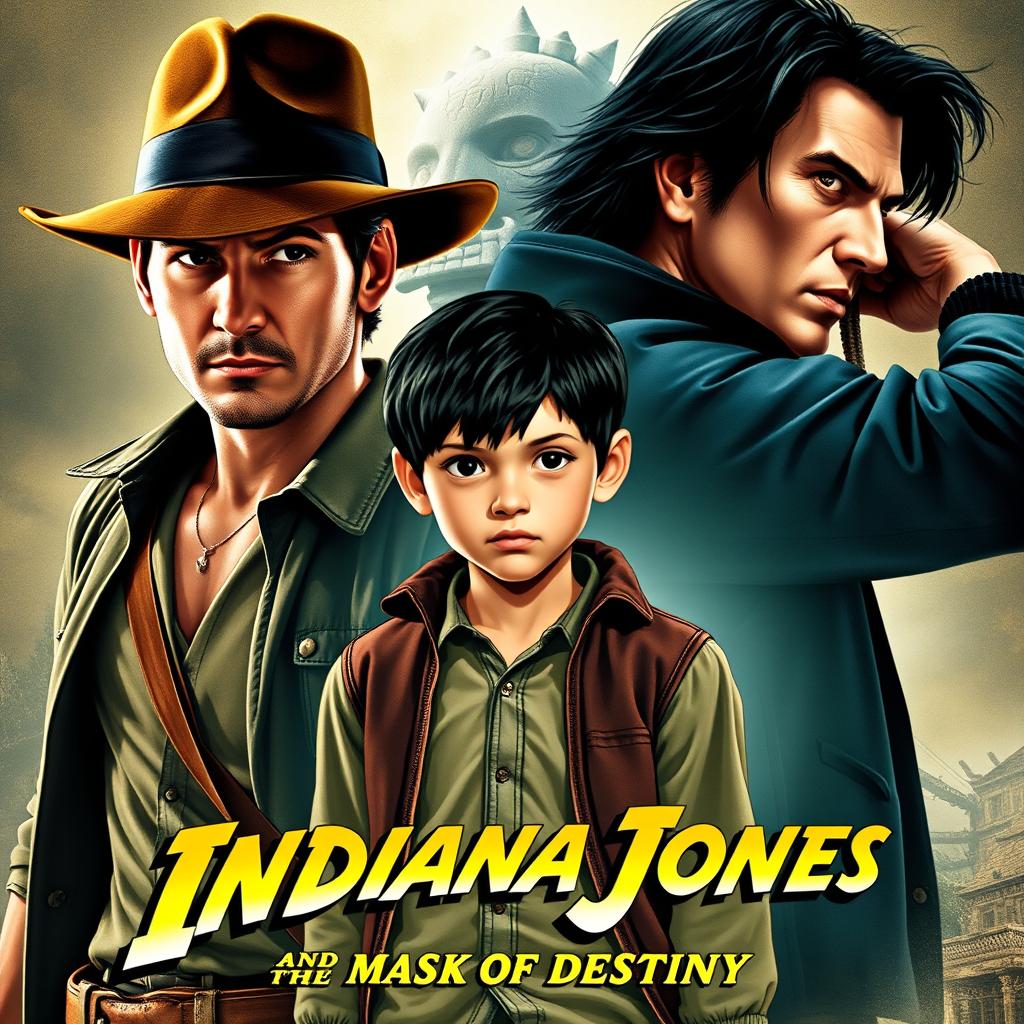 A dynamic movie poster for 'Indiana Jones and the Mask of Destiny', featuring Indiana Jones in his classic fedora and leather jacket, looking adventurous and ready for action
