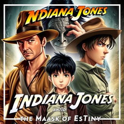 A dynamic movie poster for 'Indiana Jones and the Mask of Destiny', featuring Indiana Jones in his classic fedora and leather jacket, looking adventurous and ready for action
