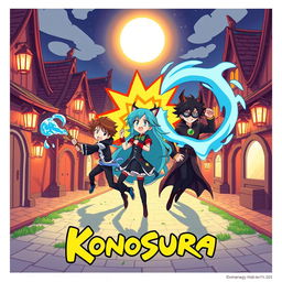 A vibrant and minimalistic poster inspired by Konosuba, featuring the main characters Kazuma, Aqua, Megumin, and Darkness in a dynamic pose that showcases their quirky and comedic personalities