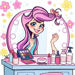 A vibrant and colorful girly cartoon illustration of a girl applying makeup, surrounded by various skincare products