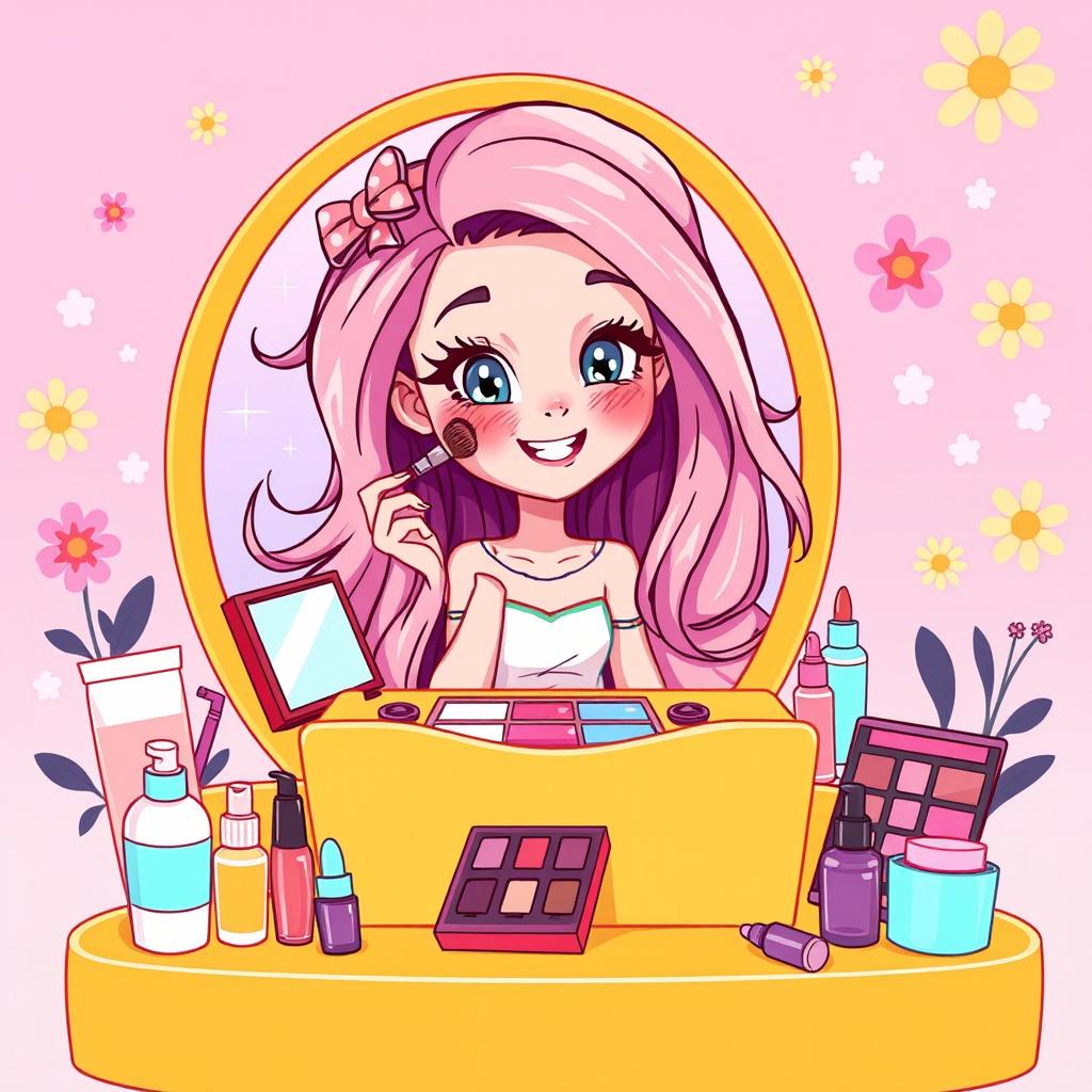 A vibrant and colorful girly cartoon illustration of a girl applying makeup, surrounded by various skincare products