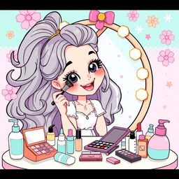 A vibrant and colorful girly cartoon illustration of a girl applying makeup, surrounded by various skincare products
