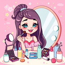 A vibrant and colorful girly cartoon illustration of a girl applying makeup, surrounded by various skincare products