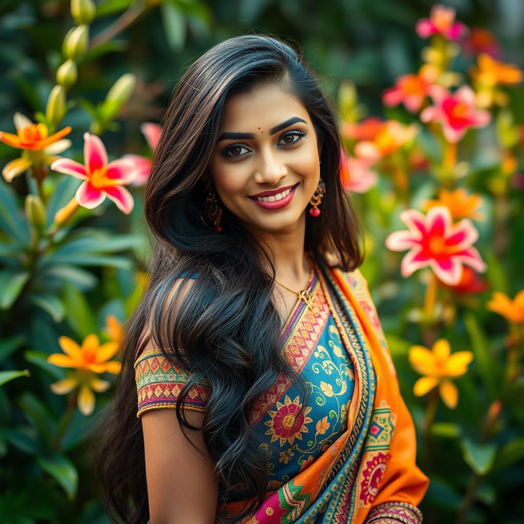 A stunning Indian woman with radiant skin and beautiful features, confidently posing with a playful expression