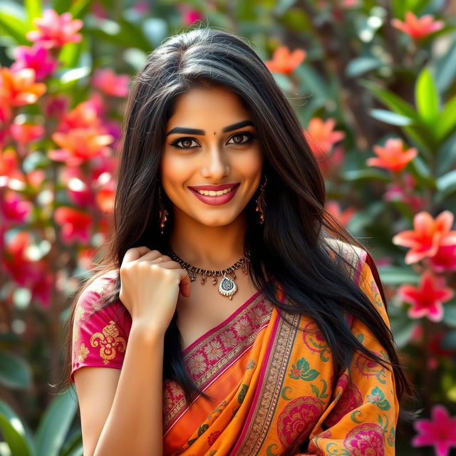 A stunning Indian woman with radiant skin and beautiful features, confidently posing with a playful expression