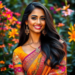 A stunning Indian woman with radiant skin and beautiful features, confidently posing with a playful expression
