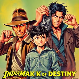 A vibrant pulp-style movie poster for 'Indiana Jones and the Mask of Destiny', showcasing Indiana Jones in his iconic fedora and leather jacket, exuding adventure and confidence