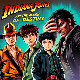 A vibrant pulp-style movie poster for 'Indiana Jones and the Mask of Destiny', showcasing Indiana Jones in his iconic fedora and leather jacket, exuding adventure and confidence