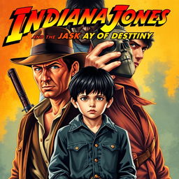 A vibrant pulp-style movie poster for 'Indiana Jones and the Mask of Destiny', showcasing Indiana Jones in his iconic fedora and leather jacket, exuding adventure and confidence