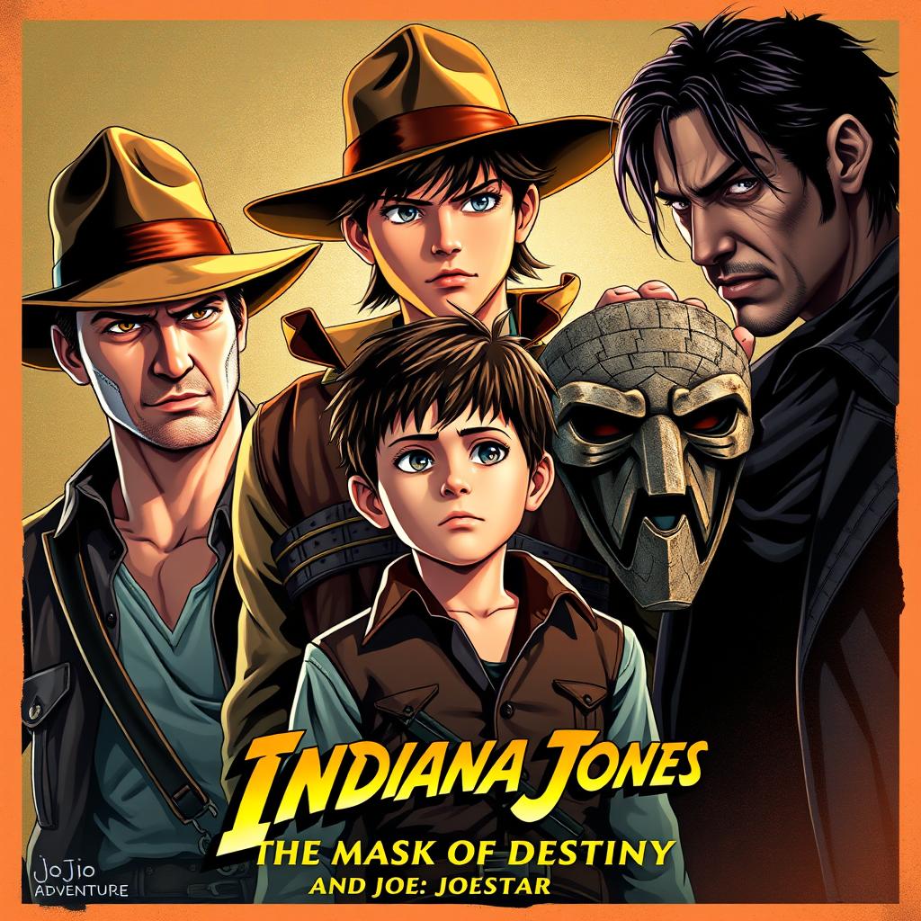 A vibrant pulp-style movie poster for 'Indiana Jones and the Mask of Destiny', showcasing Indiana Jones in his iconic fedora and leather jacket, exuding adventure and confidence