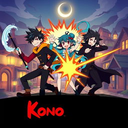 A vibrant and minimalistic poster of Konosuba, featuring the main characters Kazuma, Aqua, Megumin, and Darkness captured in a dynamic pose that emphasizes their quirky and comedic personalities