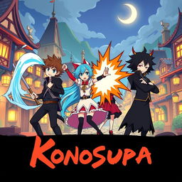 A vibrant and minimalistic poster of Konosuba, featuring the main characters Kazuma, Aqua, Megumin, and Darkness captured in a dynamic pose that emphasizes their quirky and comedic personalities