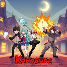 A vibrant and minimalistic poster of Konosuba, featuring the main characters Kazuma, Aqua, Megumin, and Darkness captured in a dynamic pose that emphasizes their quirky and comedic personalities