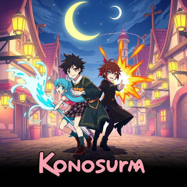 A vibrant and minimalistic poster of Konosuba, featuring the main characters Kazuma, Aqua, Megumin, and Darkness captured in a dynamic pose that emphasizes their quirky and comedic personalities