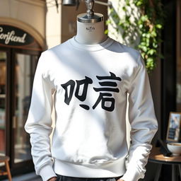 A stylish men's white sweater featuring a bold, artistic print of the word 'منبج' prominently displayed across the front