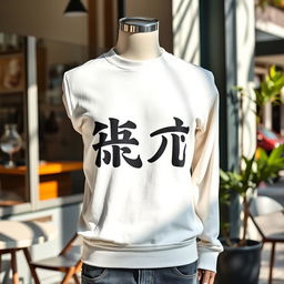 A stylish men's white sweater featuring a bold, artistic print of the word 'منبج' prominently displayed across the front