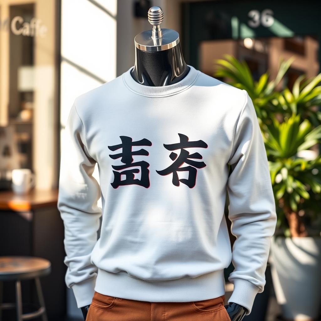 A stylish men's white sweater featuring a bold, artistic print of the word 'منبج' prominently displayed across the front