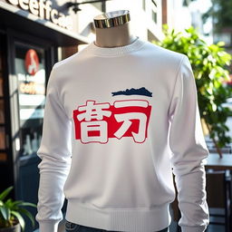 A stylish men's white sweater featuring a bold, artistic print of the word 'منبج' prominently displayed across the front