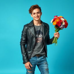A young male rock enthusiast wearing stylish rock attire, featuring a leather jacket, graphic t-shirt, and distressed jeans