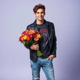 A young male rock enthusiast wearing stylish rock attire, featuring a leather jacket, graphic t-shirt, and distressed jeans