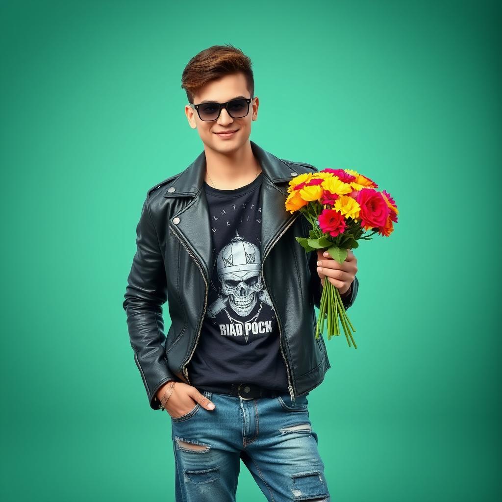 A young male rock enthusiast wearing stylish rock attire, featuring a leather jacket, graphic t-shirt, and distressed jeans