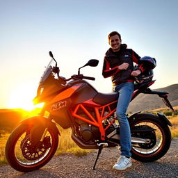 A sleek and powerful KTM motorcycle parked beside an enthusiast in casual riding gear, with a stunning sunset in the background casting warm golden light, showing the bike's vibrant orange color and aggressive design