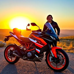 A sleek and powerful KTM motorcycle parked beside an enthusiast in casual riding gear, with a stunning sunset in the background casting warm golden light, showing the bike's vibrant orange color and aggressive design