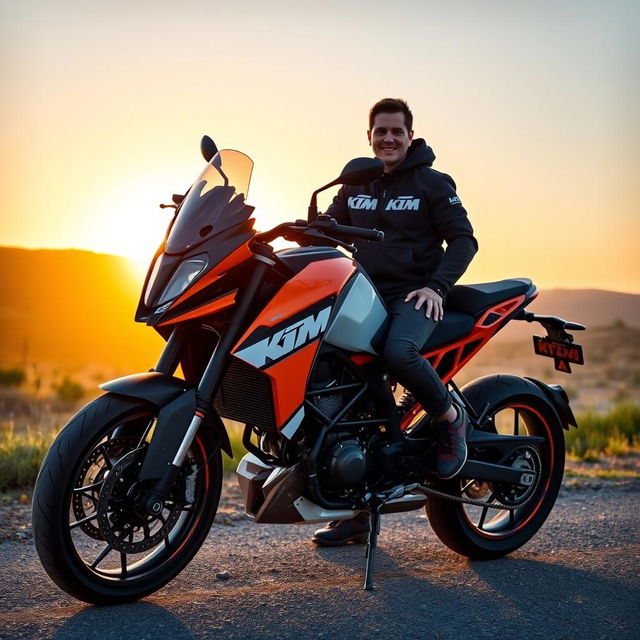 A sleek and powerful KTM motorcycle parked beside an enthusiast in casual riding gear, with a stunning sunset in the background casting warm golden light, showing the bike's vibrant orange color and aggressive design