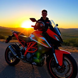 A sleek and powerful KTM motorcycle parked beside an enthusiast in casual riding gear, with a stunning sunset in the background casting warm golden light, showing the bike's vibrant orange color and aggressive design