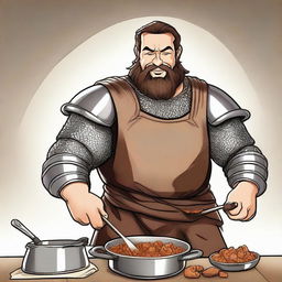 A high-quality digital art image showcasing a burly man with medium brown hair and brown eyes, wearing full plate armor and chain mail