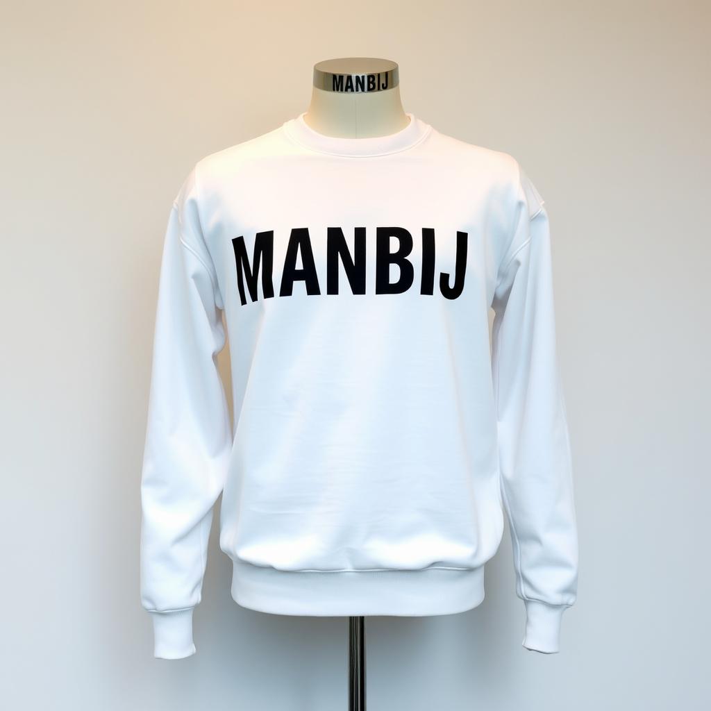 A modern men's white sweater featuring a striking print of the name 'MANBIJ' boldly displayed across the chest