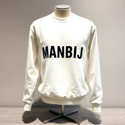 A modern men's white sweater featuring a striking print of the name 'MANBIJ' boldly displayed across the chest