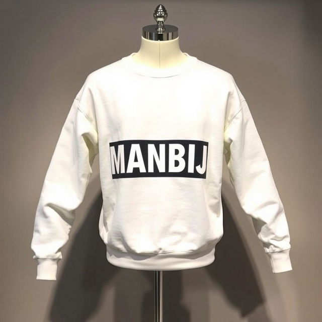 A modern men's white sweater featuring a striking print of the name 'MANBIJ' boldly displayed across the chest