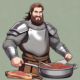 A high-quality digital art image showcasing a burly man with medium brown hair and brown eyes, wearing full plate armor and chain mail