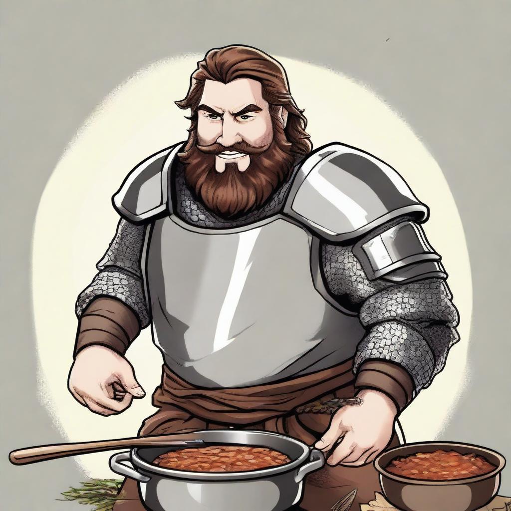 A high-quality digital art image showcasing a burly man with medium brown hair and brown eyes, wearing full plate armor and chain mail