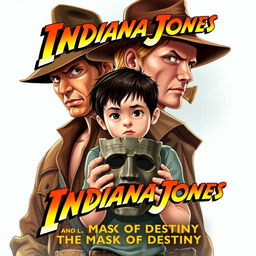 An action-packed movie poster for 'Indiana Jones and the Mask of Destiny', featuring Indiana Jones in his trademark fedora and leather jacket, exuding a sense of adventure