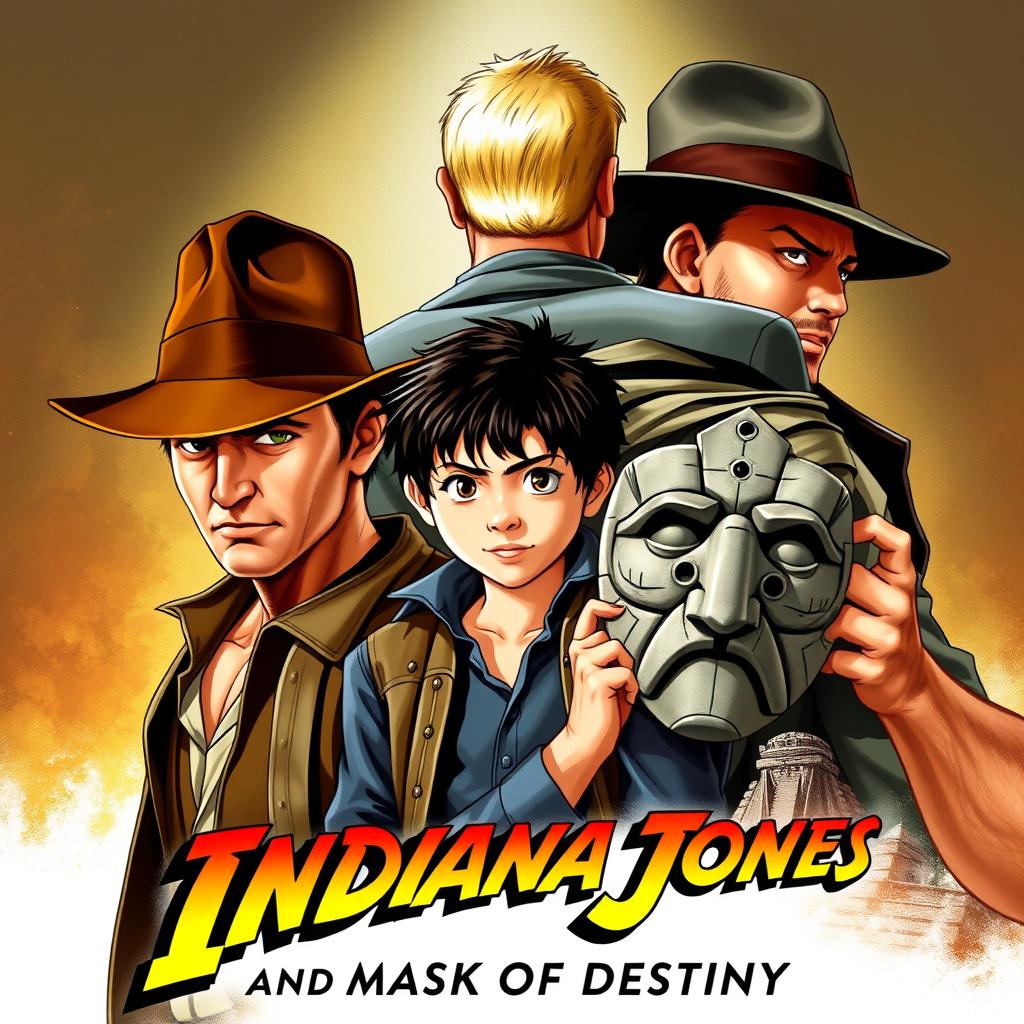 An action-packed movie poster for 'Indiana Jones and the Mask of Destiny', featuring Indiana Jones in his trademark fedora and leather jacket, exuding a sense of adventure