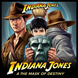 An action-packed movie poster for 'Indiana Jones and the Mask of Destiny', featuring Indiana Jones in his trademark fedora and leather jacket, exuding a sense of adventure