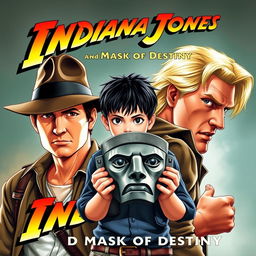 An action-packed movie poster for 'Indiana Jones and the Mask of Destiny', featuring Indiana Jones in his trademark fedora and leather jacket, exuding a sense of adventure