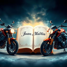 A mystical book with the name 'Juan Martin' elegantly written on its pages, surrounded by two sleek motorcycles on each side