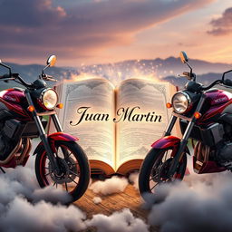A mystical book with the name 'Juan Martin' elegantly written on its pages, surrounded by two sleek motorcycles on each side