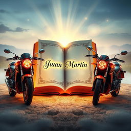 A mystical book with the name 'Juan Martin' elegantly written on its pages, surrounded by two sleek motorcycles on each side